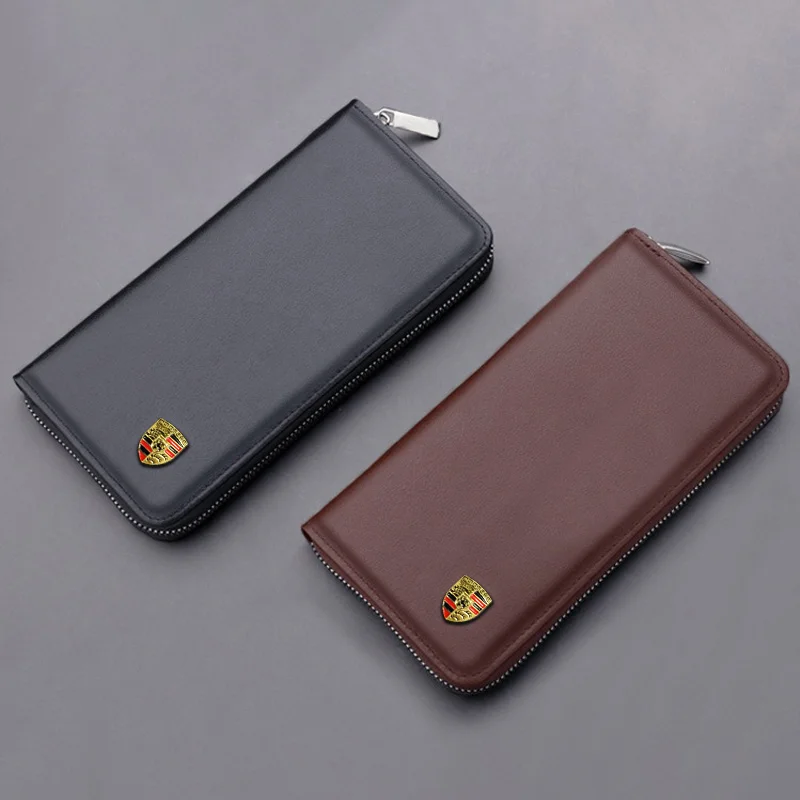 Leather Car Logo Wallet Driver Licence Storage Purse Accessory For Porsche Panamera Carrera Macan Boxster Cayman Cayenne 911 718