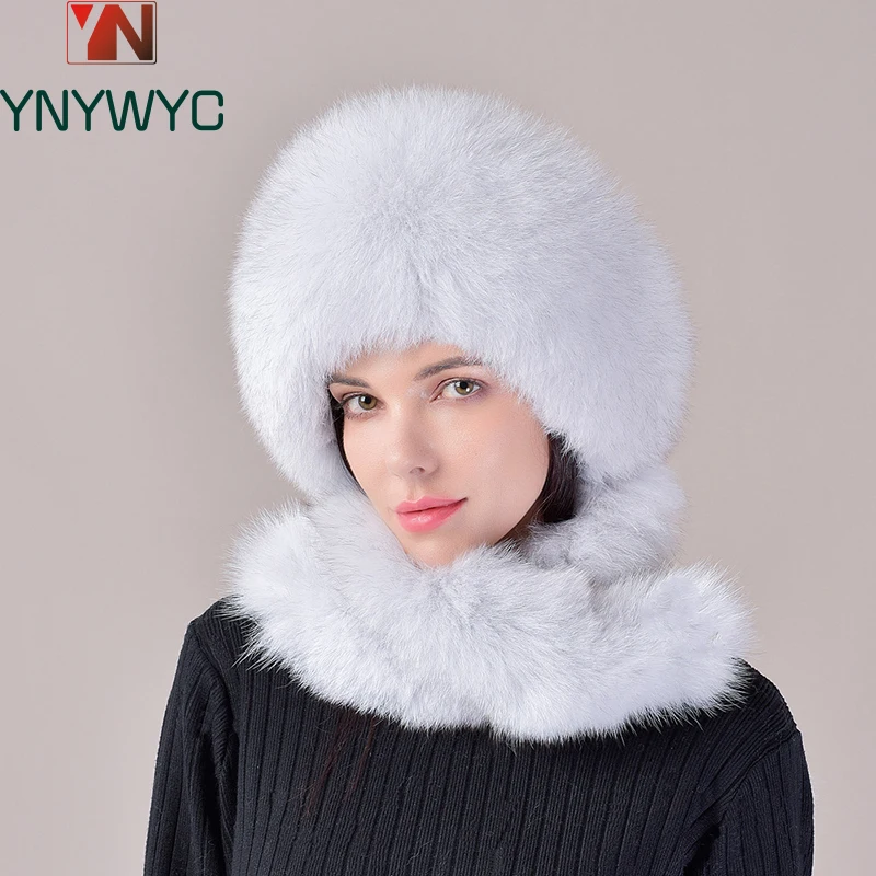 

2025 New Women's Real Fox Fur Hat Scarf Mongolian Bomber Hat Ladies Winter Warm Fox Fur Earflap Caps Russia Winter Real Fur Hat