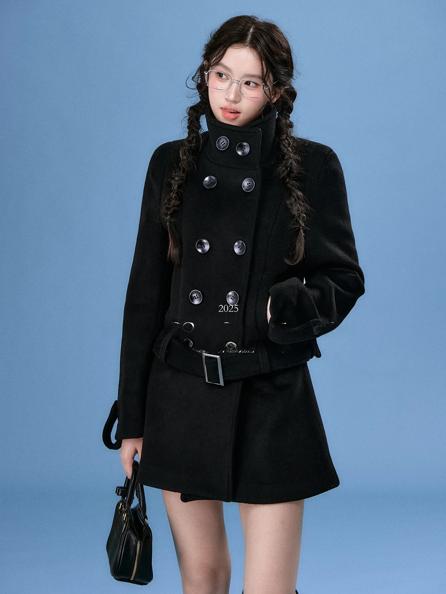 

OIOI E Sli Bla Woolen Coat Women Winter Double Button Mid-Length Lapel Overcoats Korean Sle Thiened Long Sve