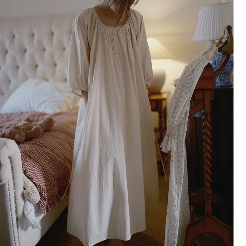 

Women 100% Cotton Nightwear Simple Round Collar Three Quarter Sleeves Nightdress Princess Loose Vintage Long Nightgown Sleepwear