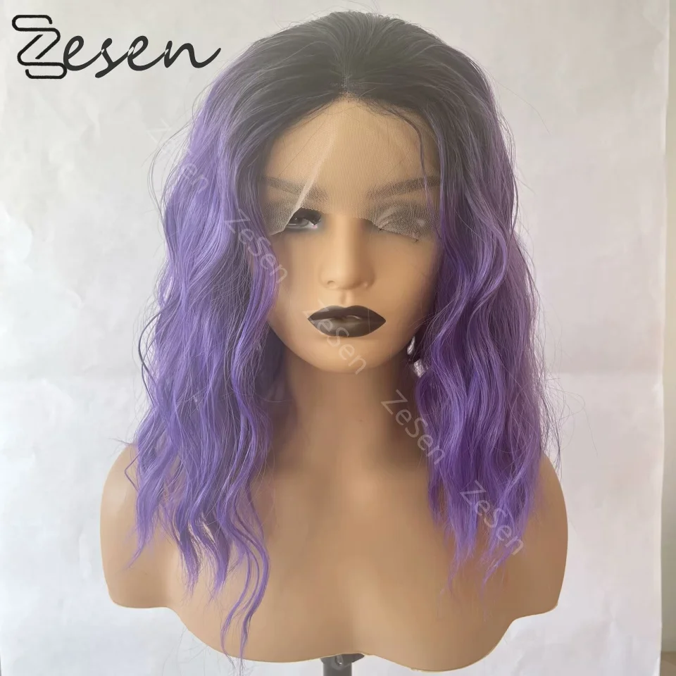 

Short Bob Synthetic Lace Front Wigs 14 Inch Wavy Glueless Ombre Purple Wig Cosplay Curly Wig Lace Front Wig For Women Preplucked