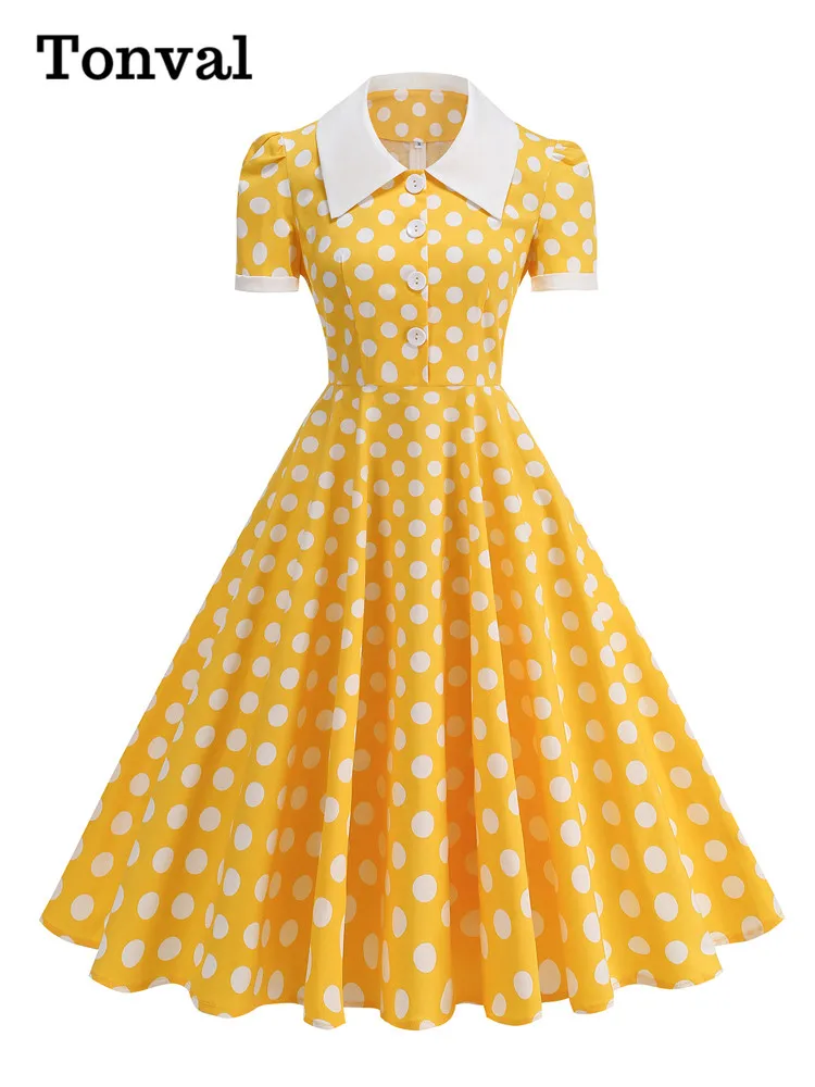 

Tonval Contrast Collar Buttons Front Polka Dot Cotton Midi Dress Elegant Clothes Summer 50s Vintage Women Swing Dresses