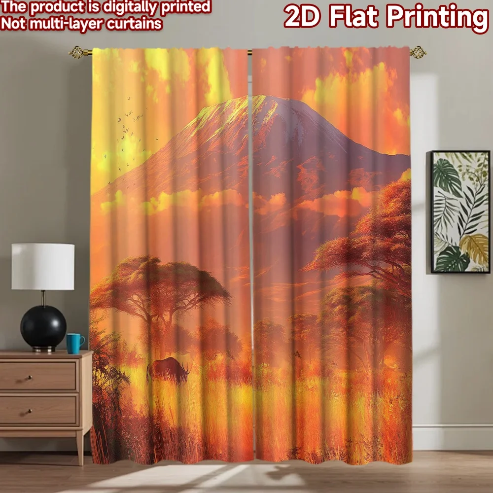 

2D flat printing 2pcs Curtains African Landscape Kilimanjaro Mountain Elephant Digital Printed Polyester Drapes All Season Party