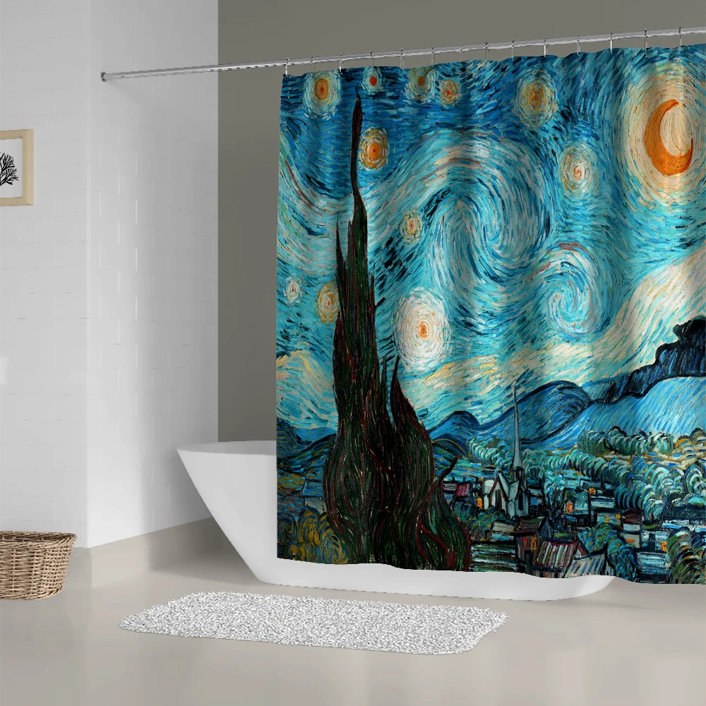 Van Gogh Shower Curtain Set Art Simple Waterproof Fabric with 12 Hooks