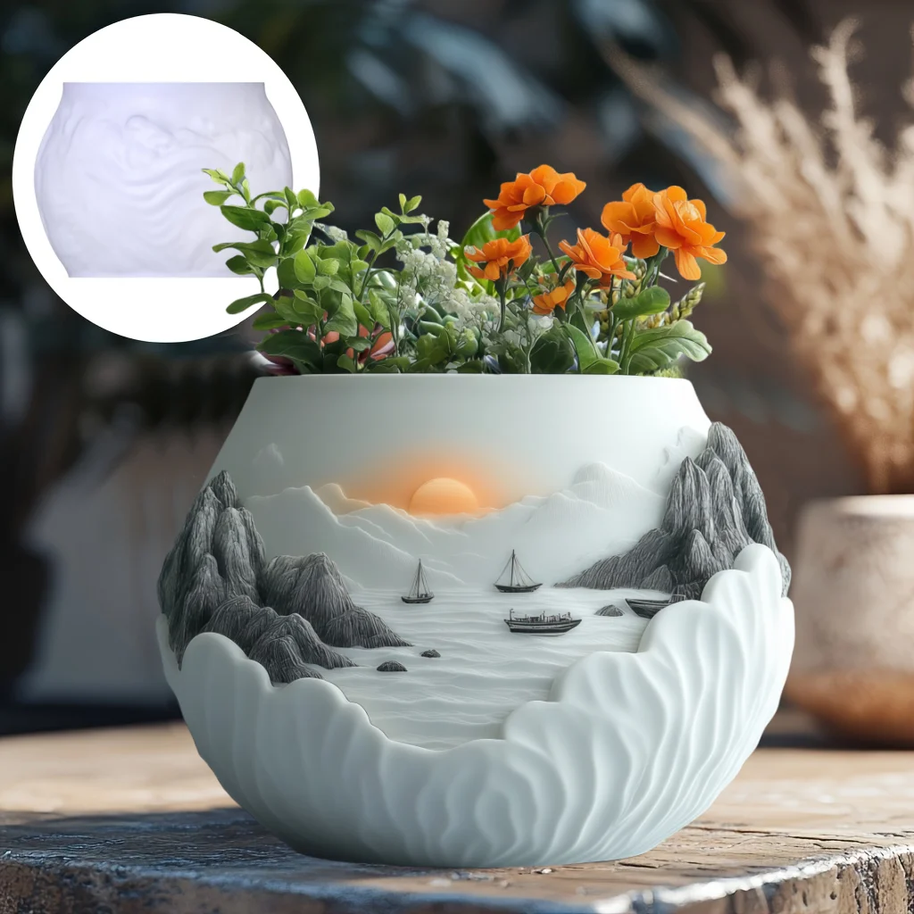 Sea Bay Canyon Relief Succulent Plant Flower Pot Resin Silicone Mold Mountain Range Sea Sunrise Relief Storage Box Gypsum Molds