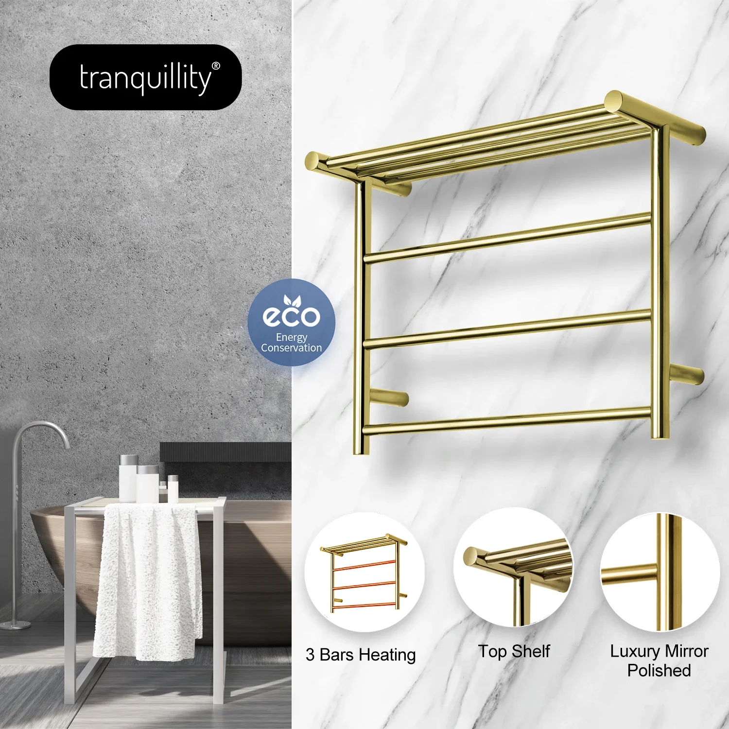 Gold Towel Warmer with Shelf Golden Towel Radiator Stainless Steel Electric Heated Towel Rail Bathroom Hotel Project