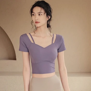 요가 탑 가슴 패드 긴 소매 여성 필라테스 스포츠 피트니스 러닝 퍼포먼스 여름 섹시한 티셔츠 아름다운 뒤로