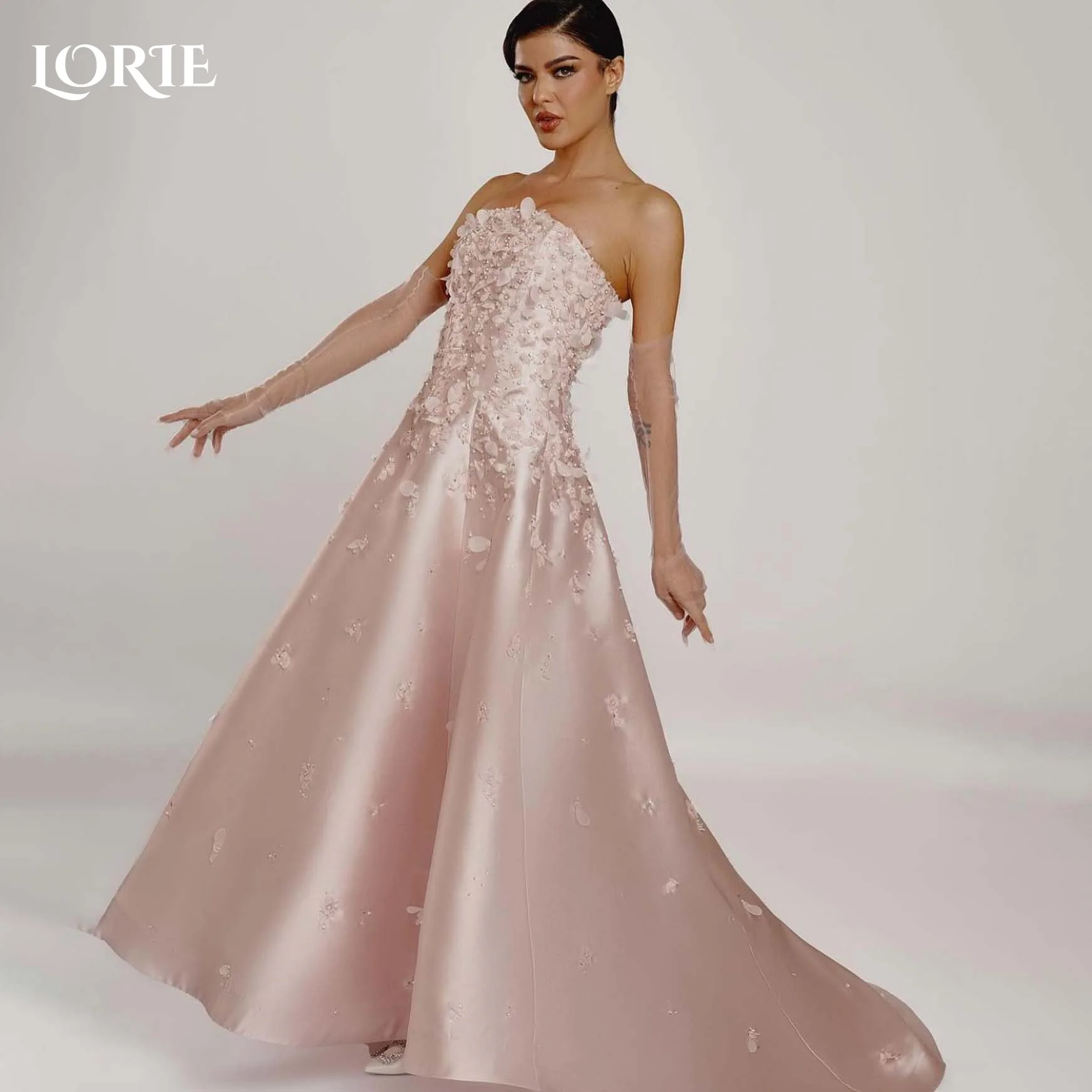 

LORIE 3D Flowers Evening Dresses Pink Strapless Prom Dresses Ruched Backless Women Clebrity Party Gown 2024 Club Party Dresses