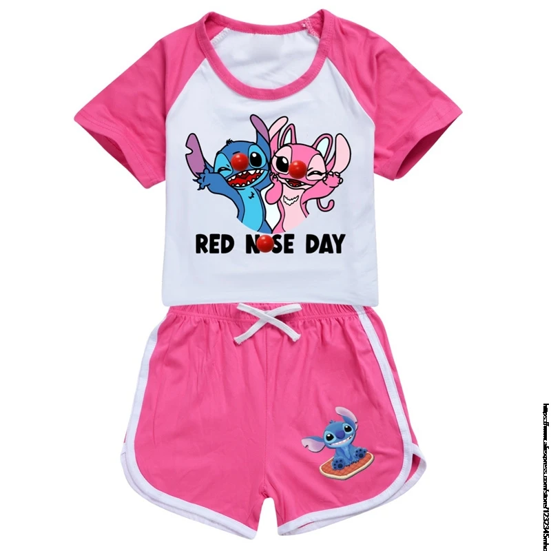 Summer Lilo And Stitch Children\'s Pajamas Short Sleeve Girls Boys Home Clothes Set Pajama Sleepwear Robe Clothing Mother Kids