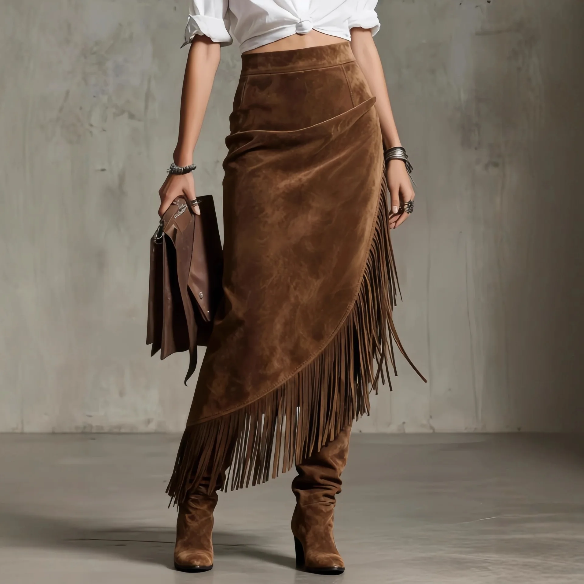 2025 European and American new women's retro western tassel hem irregular suede skirt solid color loose skirt versatile