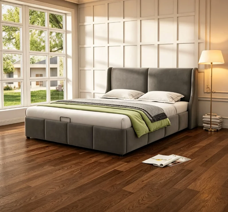 Cama Tapizada Rosahqnda 140*190cm, Cama Doble Hidráulica con Base y Cabecera Acolchada, Cama con Espacio de Almacenamiento, Terciopelo