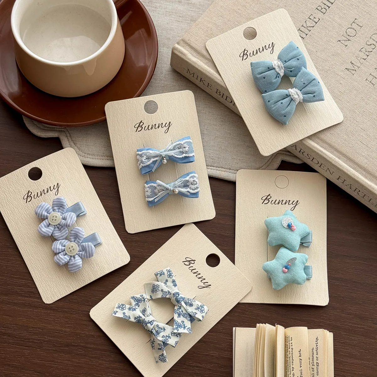 Hair Clips Blue Floral Bow Star Pattern Premium Fabric Cute Small Size Girls Hair Accessories for Bangs and Broken Hair Daily
