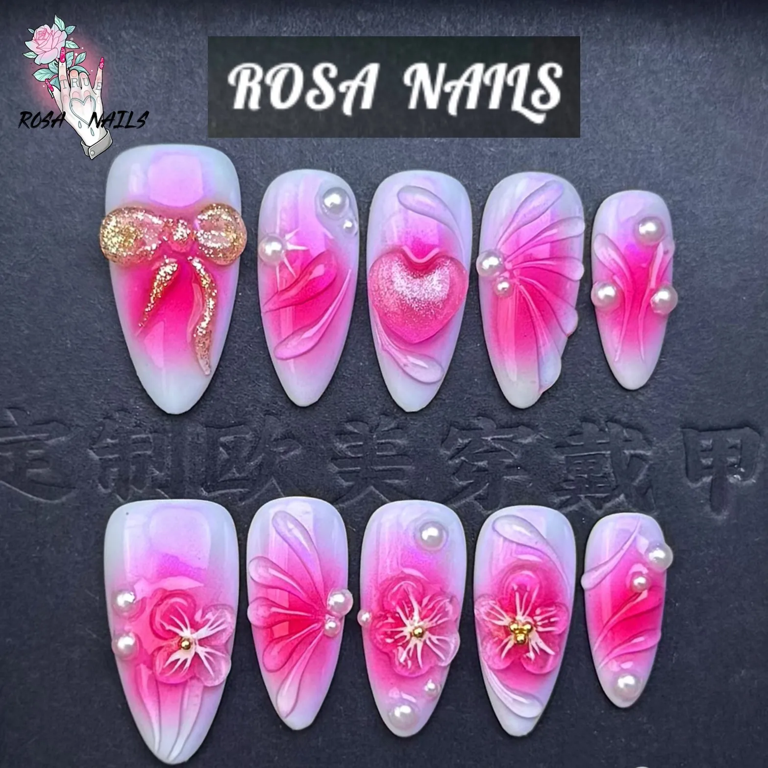 

Handmade Pressons Medium Almond False Nails with Design 3D Flower Decorations for Nail Tips Summer Fake Nail Art Press on Nails