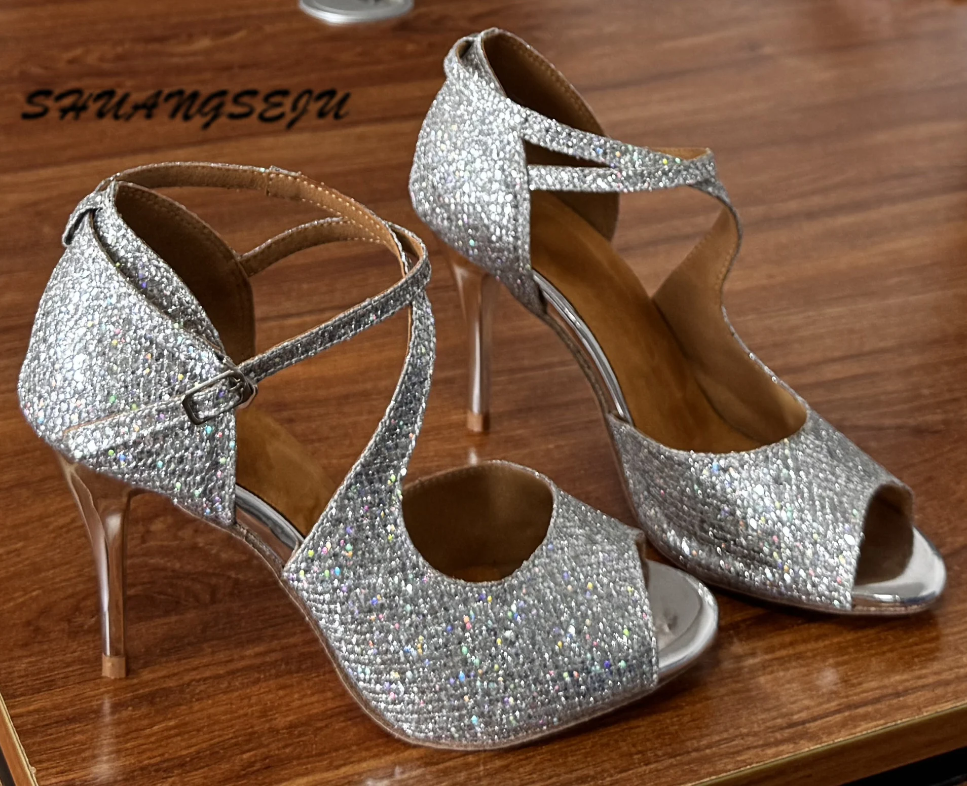 SHUANGSEJU 2025 New adult women's Argentine tango dance shoes, cowhide hard soles, 8.5cm metal heels, shiny party dance shoes