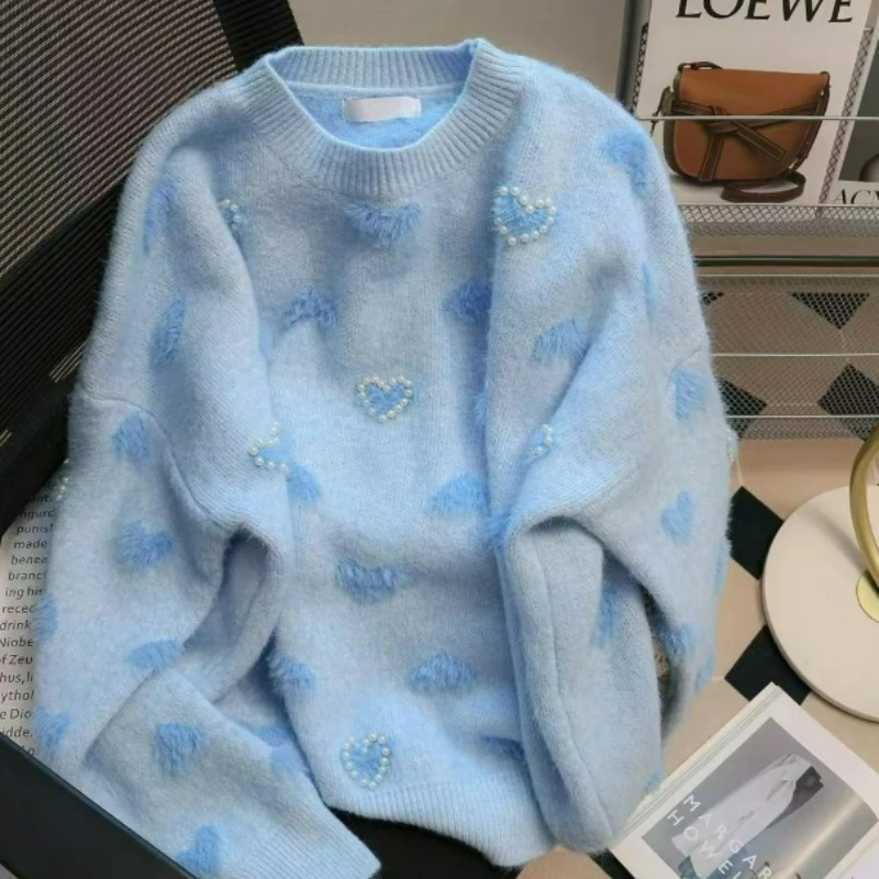 Konijnjacquard trui voor dames Losse casual relaxte gebreide trui met lange mouwen en contrasterende kleur voor herfst-winter