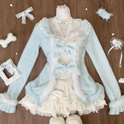 Sweet Lolita Lace Bow Plush Cardigan+ Sexy Slim Fit Strapless Vest Tops+ High Waist Ruched Skirts Early Winter Three Piece Sets