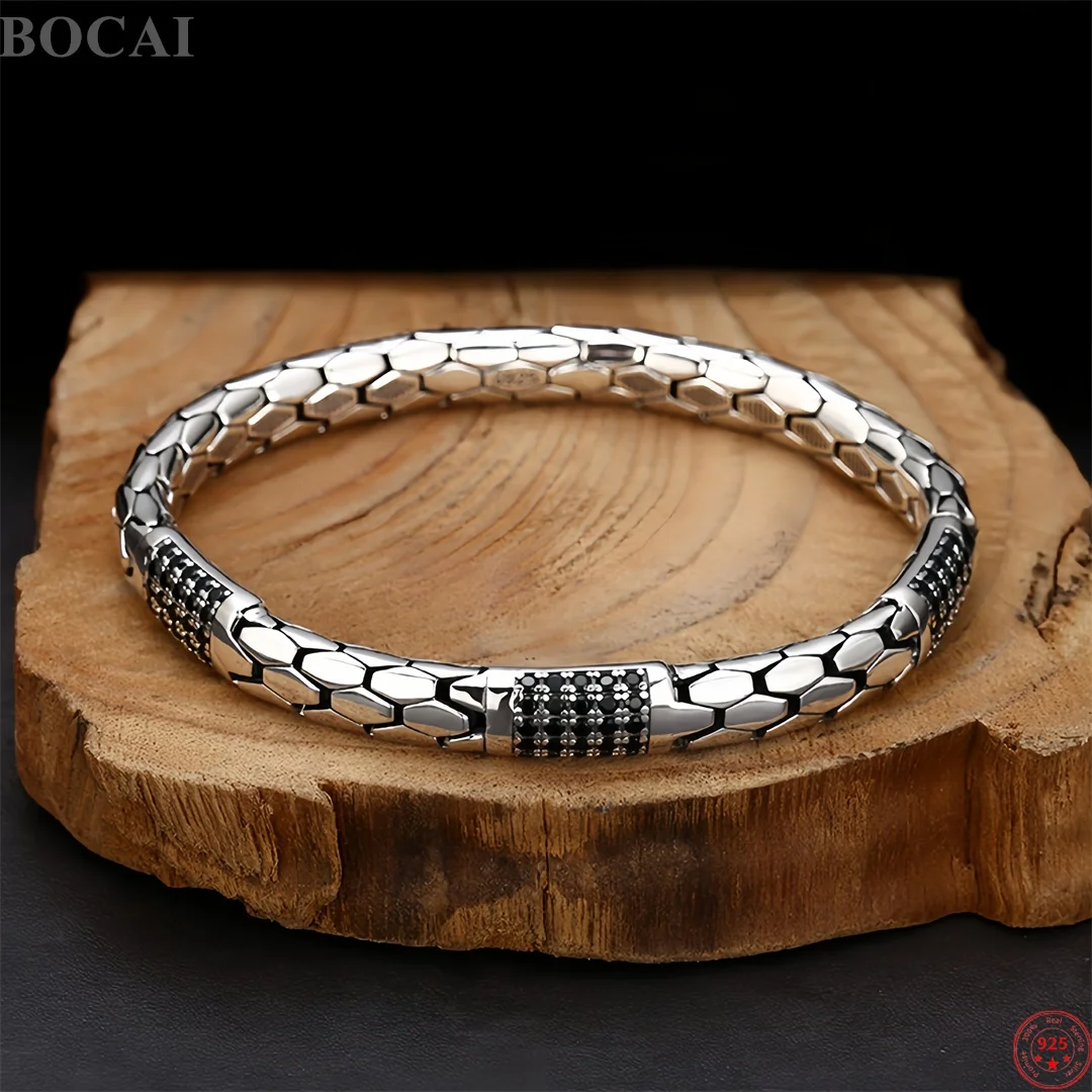 BOCAI New S925 Sterling Silver Charms Bangle for Men Women Antique Snake Pattern Zircon Creative Bracelets Fine Choice Jewelry