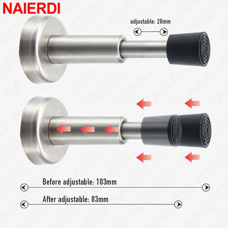 NAIERDI Tope de puerta ajustable, Tope de puerta de acero inoxidable con amortiguador de goma, soporte de puerta hidráulico resistente