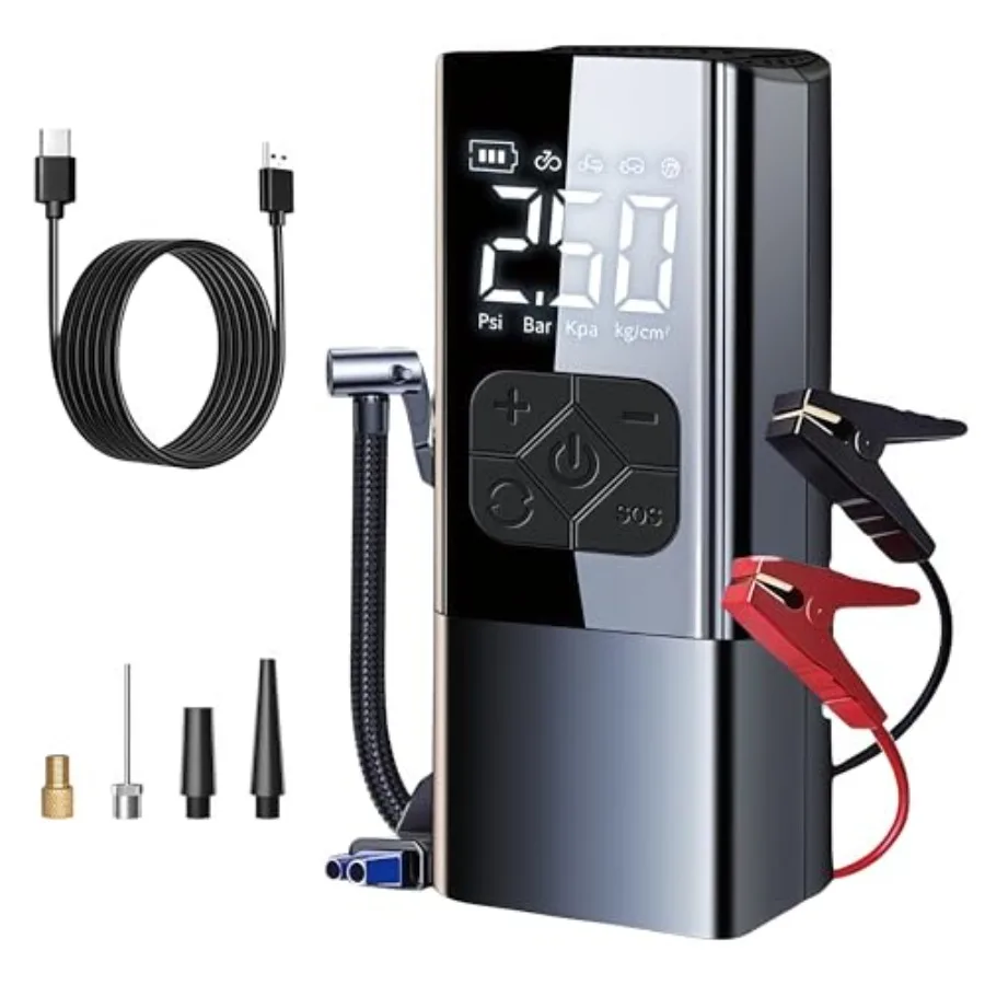 

Tire Inflator Portable Air Compressor with Jump Starter - 150PSI and 8000mAh Car Battery Jump Starter with Tire Pressure GaugeE