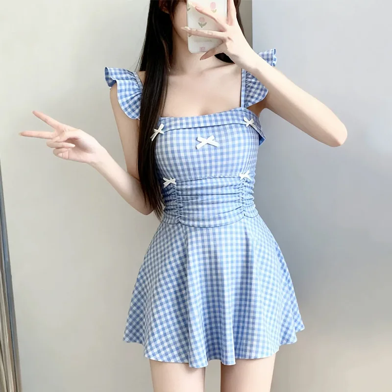 

Women's Swimsuit One-piece Skirt Style Small Fresh Plaid Girl Conservative Slim Sweet High Waist Hot Spring Swimsuit