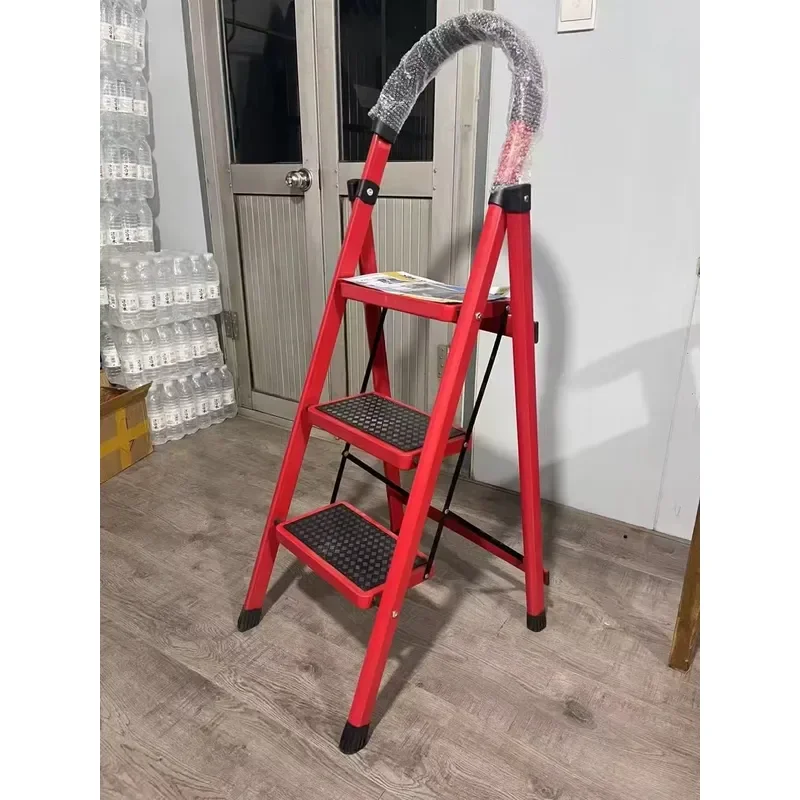 3 Step Foldable Steel Ladder 150kg Load Bearing EN131 Standard with Handrail Red Non Slip Anti Twist High Strength for