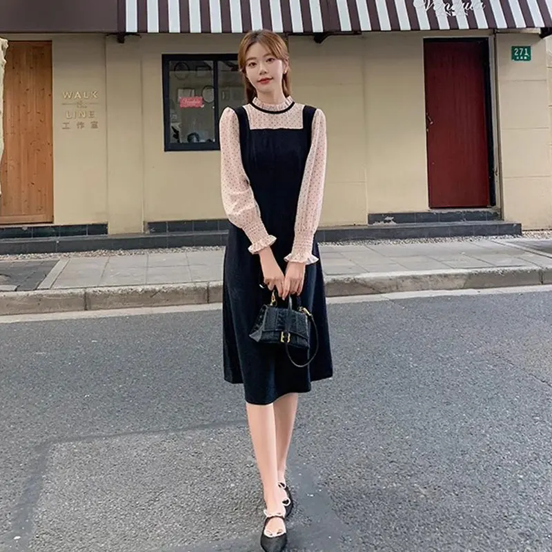 2023 Autumn Korea Sweet Dot Printed Women Black Dress Retro Patchwork Princess Style Long Sleeve Party A Line Midi Dress Vestido