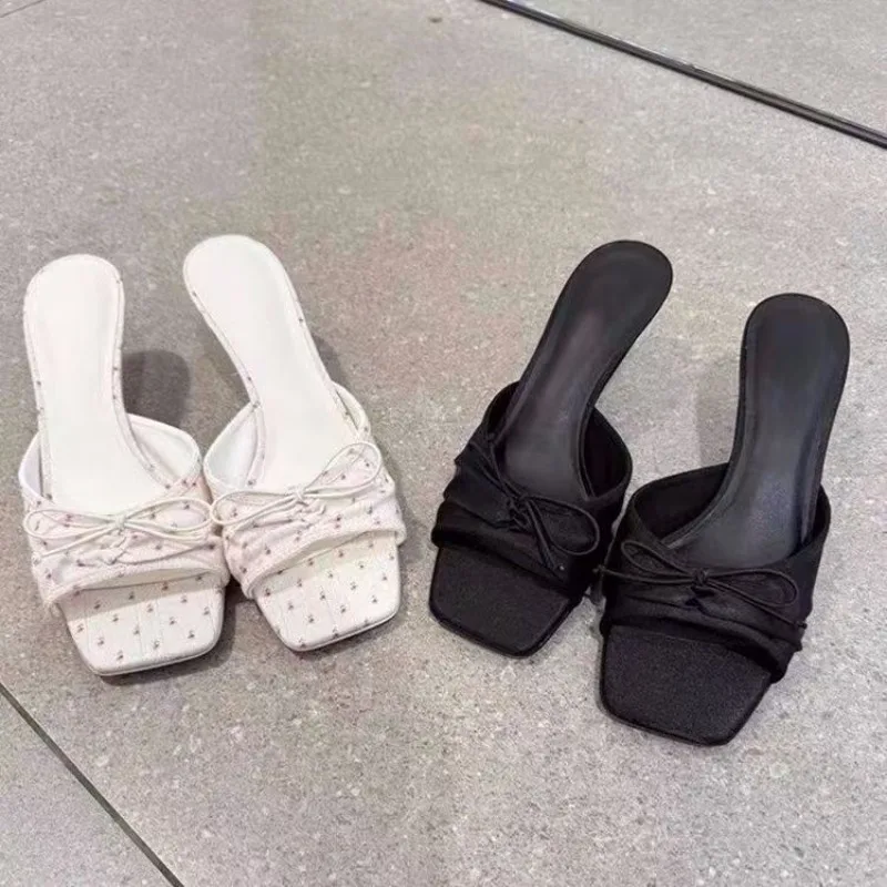 Summer New Floral Printed Square Toe Women's Heeled Mules Fashion Bow Decor Solid Casual Thin Heel Women Sandalias De Mujer