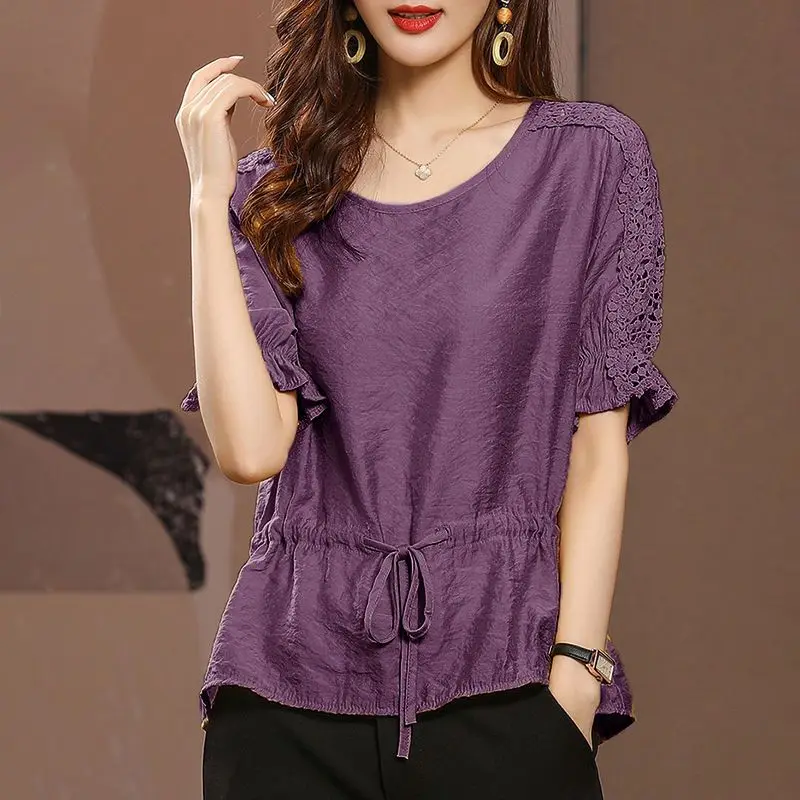 Lace Patchwork Short Sleeves Chiffon Shirt for Women\'s Spring Autumn New Loose Slimming Causal Lace-up Waistband T-shirt Top