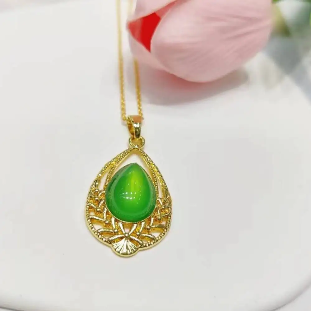 Elegante Pingente de Jade Chrysoprase para Mulheres, Cadeia Clavícula, Colar Natural Calcedônia, Jóias Charme, Simples Pedras Preciosas Elegantes