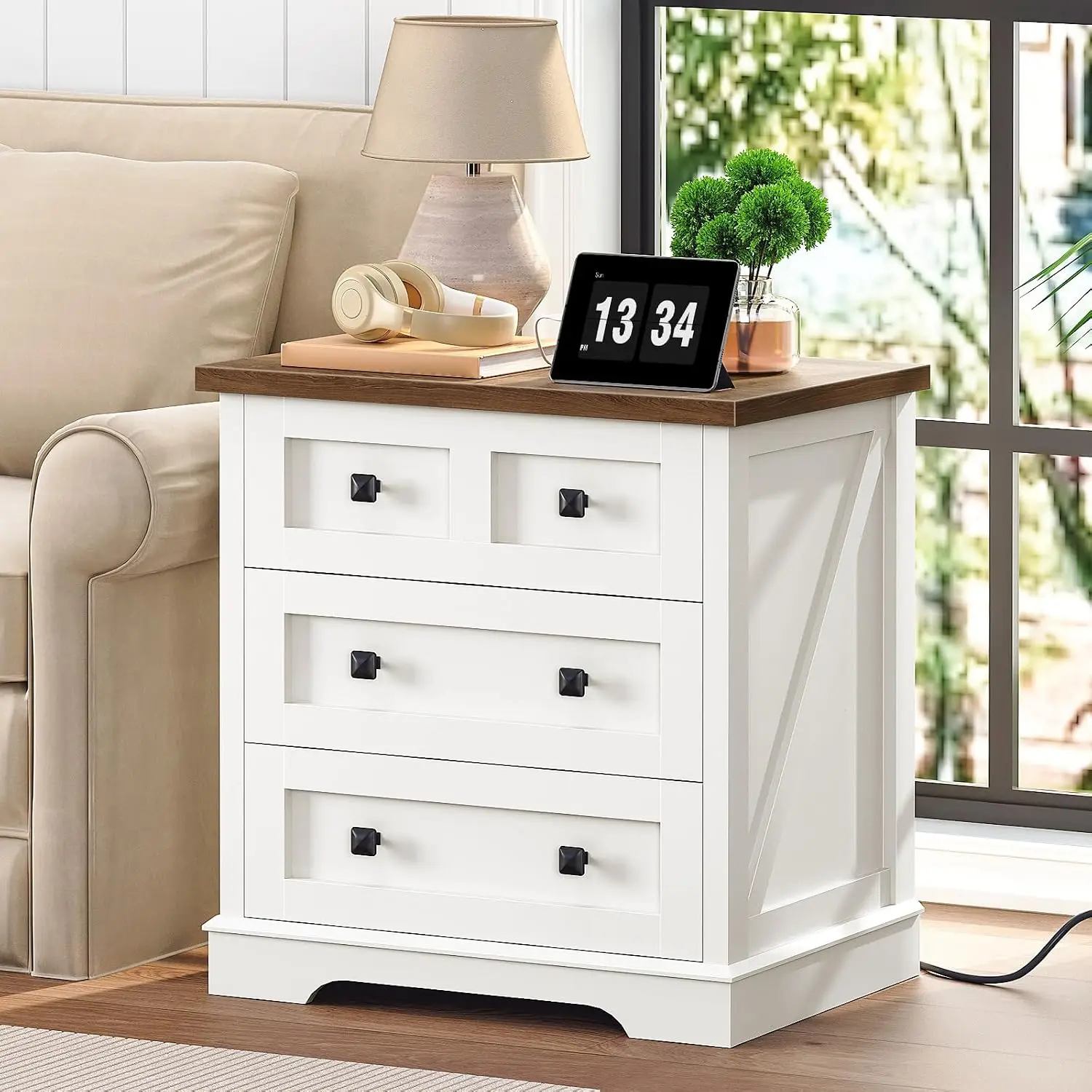 Farmhouse Nightstand with Charging Station, Large Bedside End Table with USB Ports & Storage Shelf, Customized