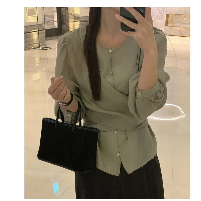Top elegante en capas con cinturón cruzado para mujer, largo, Sve, redondo, Ne, encaje, irt, viaje, Sle, Color puro, tendencia Faion primavera 2025