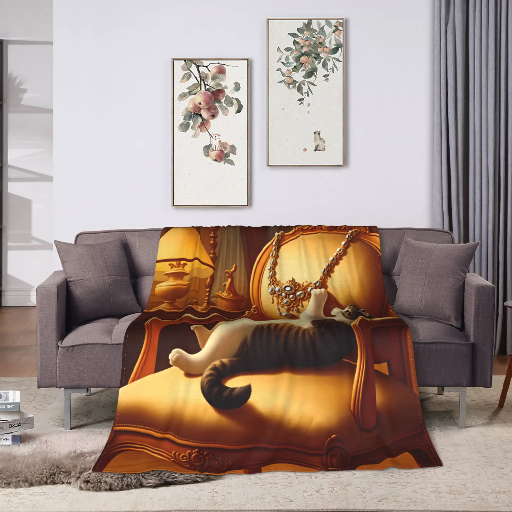 Comfortable Blankets Picnic Playful Cat with Rococo Necklace Poster Throw Blanket Novelty  Bedspread For Couch Bed