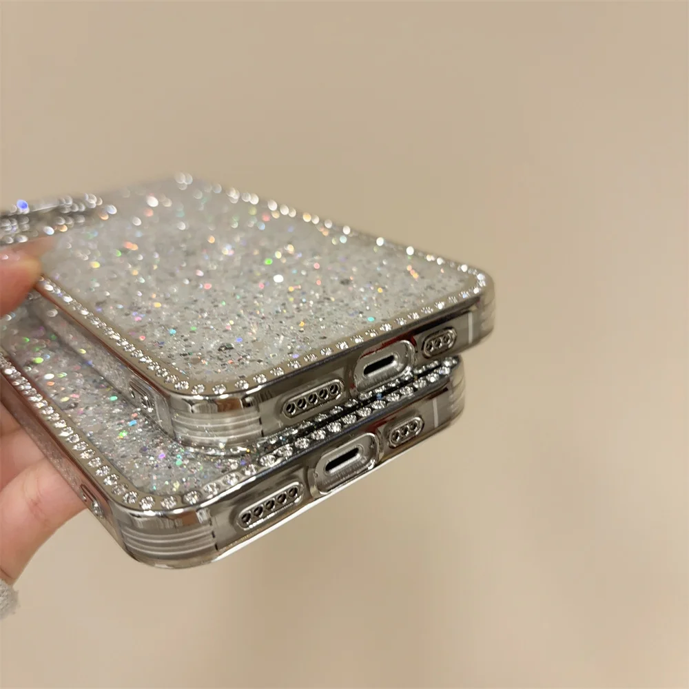 Shiny Rhinestone Shockproof Frame Phone Case For iPhone 16 13 14 15 12 Pro Max 11 Plating Lens Protection Glitter Sequins Cover