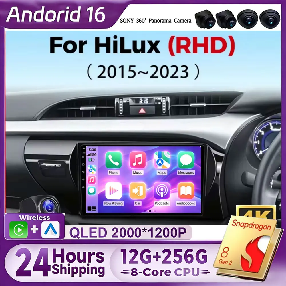 Android 16 Auto Carplay Car Radio Multimedia For Toyota Hilux Pick Up AN120 2015 - 2023 RHD Stereo Video Player GPS WIFI+4G BT