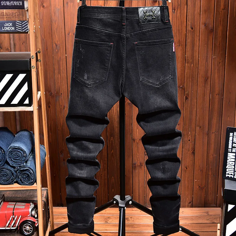 European Goods Trendy Brand Ripped Jeans Men's Spring and Autumn Stretch Slim Patch Scrape Youth Tapered Pants Long Pants