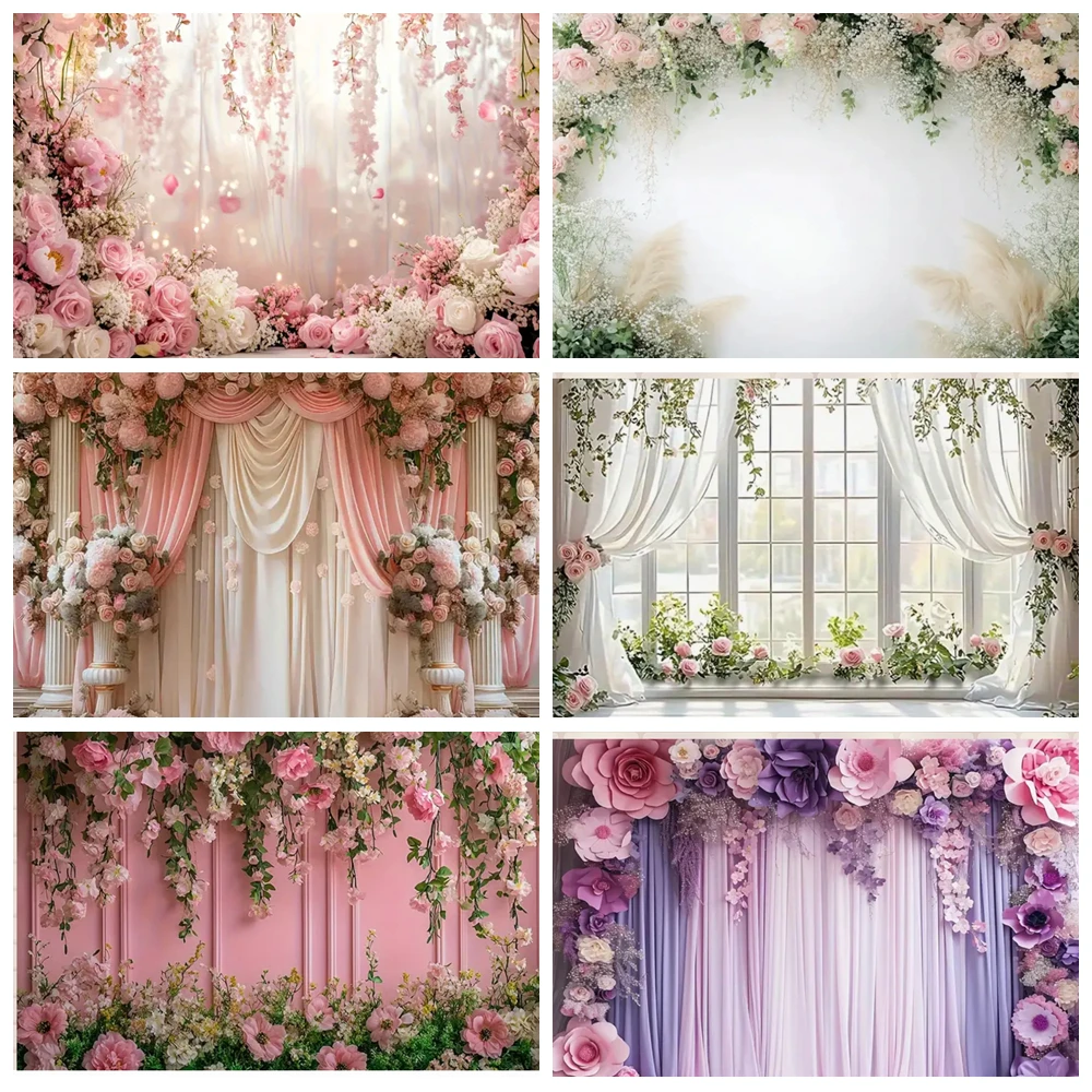 

Pink Peony Floral Backdrops Romantic Scenery Valentine Wedding White Rooms Maternity Portrait Photography Background Supplies