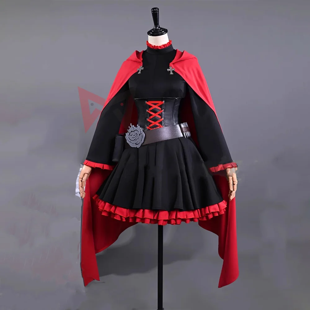 Novo Traje de Cosplay da Rainha RWBYING Rubying Rose, Vestido Preto com Capa Vermelha para Festa de Jogos, Feito Sob Medida