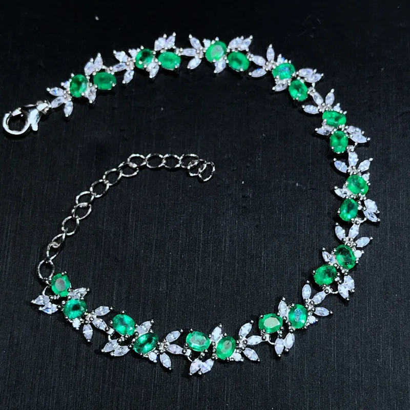 925 Silver Natural Emerald Bracelet, Adjustable Extension Chain Included, Certified Green Gemstone Jewelry with Report