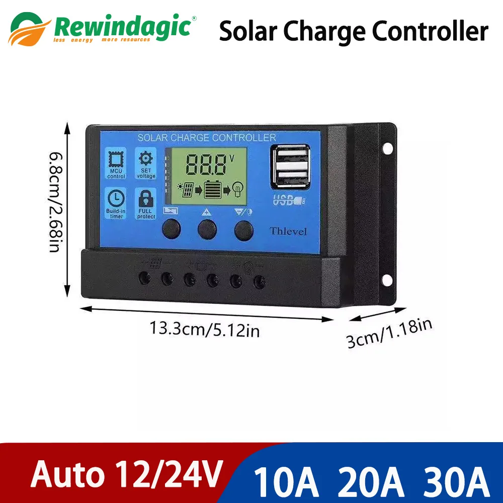 LCD Display Solar MPPT 10A 20A 30A Charge Controller Dual USB 12V 24V Solar Cell Panel Charger Regulator with Load