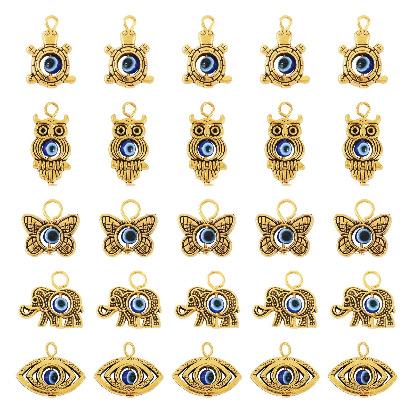 10 Set Tibetan Style Alloy Pendant with Evil Eye Resin Bead Antique Golden Color for DIY Jewelery Necklace Bracelet Eardrop