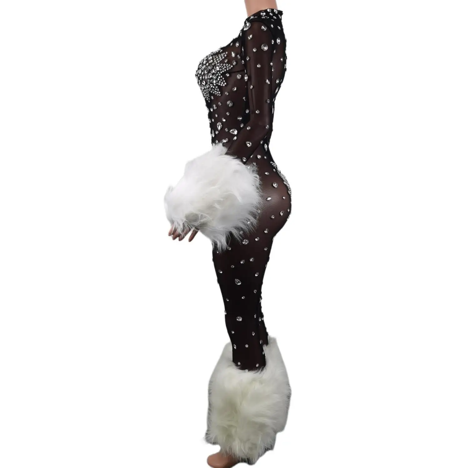 Singer Rhinestones Hairy Jumpsuit Women Nightclub Bar Gogo Dance Clothing Black Stretch Bodysuit Drag Queen Costume Guibin