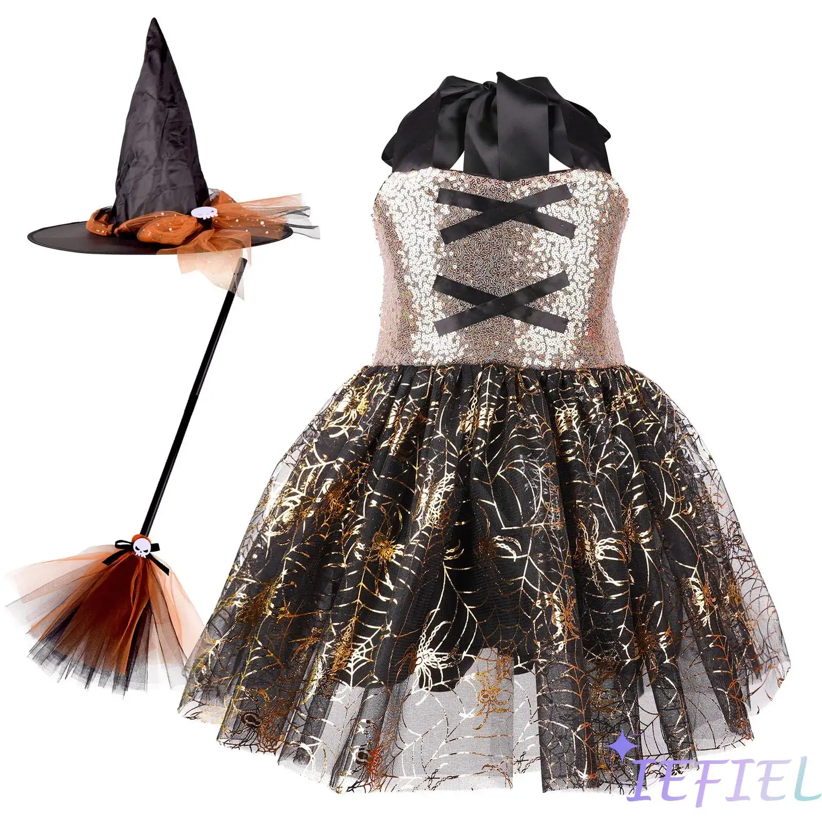 

Sparkling Witch Costume Set for Girls with Sequin Puffy Dress and Matching Hat Broom for Halloween Parties and Stage Performance