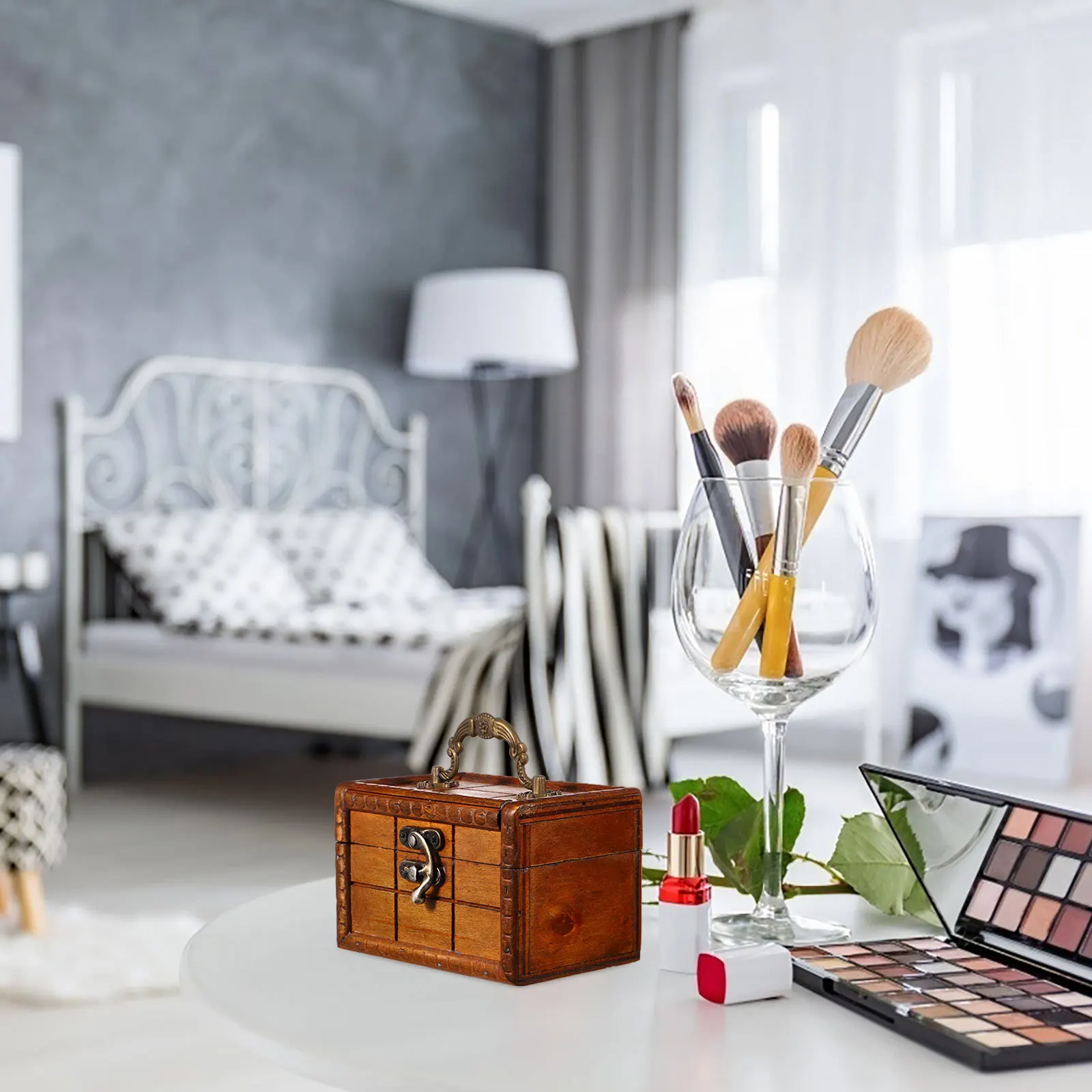 

Creative Vintage Wooden Jewelry Organizer Dresser Case Tabletop Storage Chest Trinket Holder Treasure Box Small Chest Box