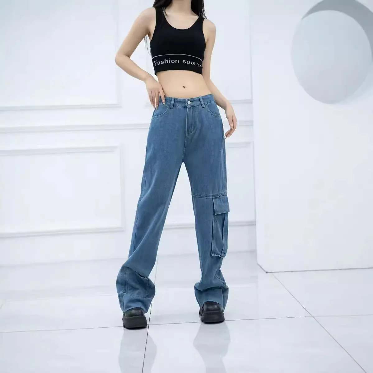 Amerykańskie spodnie retro New Washed Denim z wieloma kieszeniami Denim Tooling Casual Pants Women