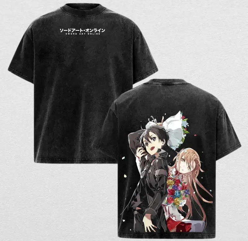 Manga Sword Art Online Asuna Kirito Printed Tee Men Women Clothing Washed Cotton T-shirt Vintage Casual T Shirt Harajuku Tshirt