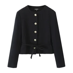 PB&ZA 2024 early autumn new women's fashion versatile texture casual round neck long sleeve single-breasted jacket