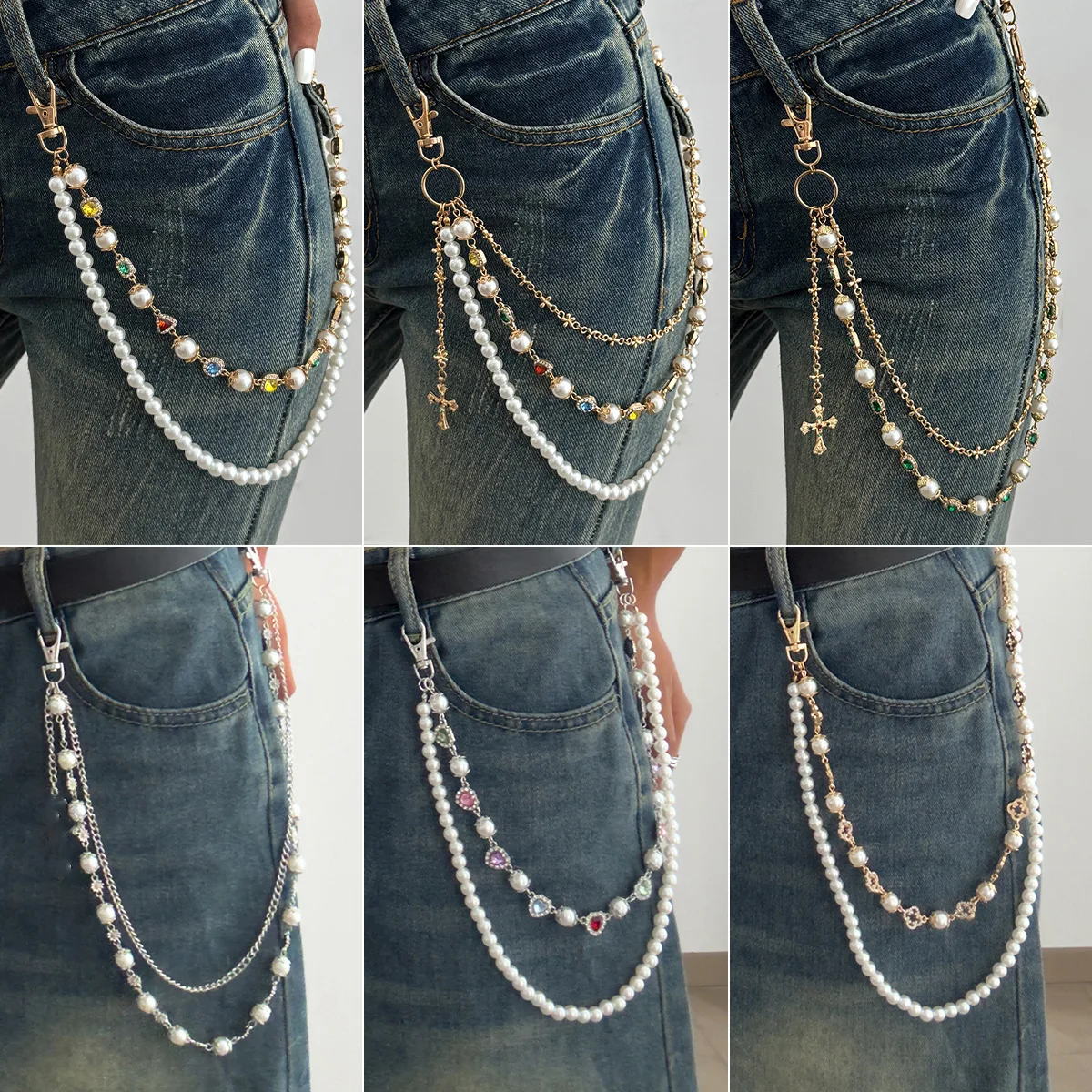 Pants Chain Metal Alloy Heart Tassel Cross Pearl Versatile Adjustable Gunmetal Tone Party Festival Premium Elegant