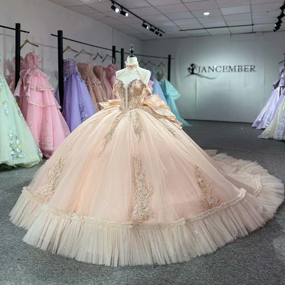 Princess Peach Sweetheart Ball Gown Beaded Lace Customized Quinceanera Dresses Ruffles Court Train vestido de 15 quinceañeras