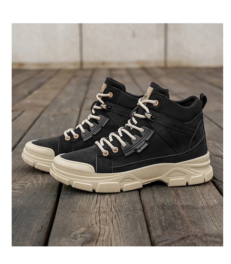 Zweifarbige Canvas-High-Top-Arbeitsstiefel für Herren, klobige, rutschfeste Plateau-Sneaker zum Schnüren für Wandern, Camping, tägliche Pendelfahrten – Detail 9