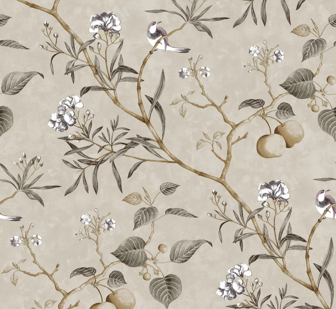 Customized Size Mural Retro Flower, Bird, Branch Wallpaper Full House Coverage Wall Small Fragmented Flowers, Animals Flat Mural